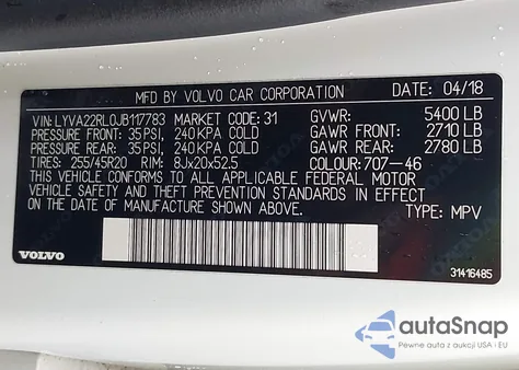 2018 Volvo Xc60 T6 Inscription z USA, uszkodzony, nr VIN LYVA22RL0JB117783